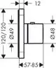 Thermostat von AXOR, Unterputzinstallation mit runden Oberflächen und verschiedenen Durchmessern. Maße und Details sind im technischen Zeichnungsstil dargestellt.